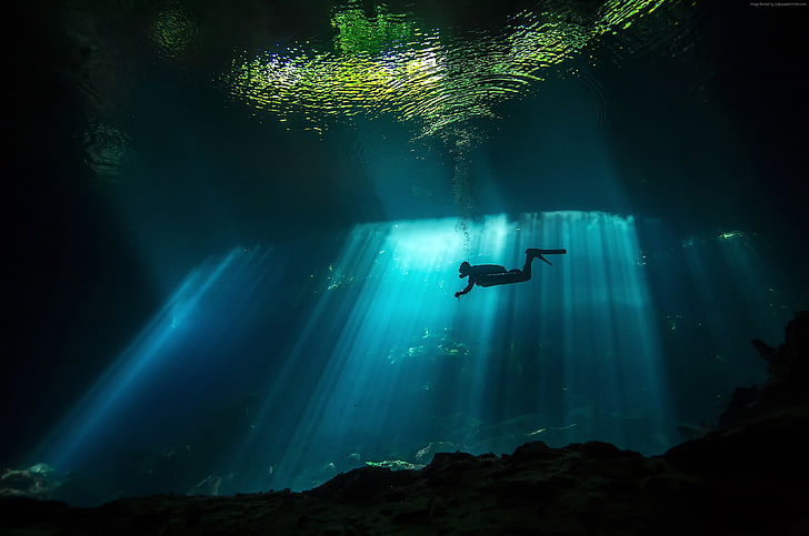 4K, Underwater, Sunbeam, Diver, HD wallpaper