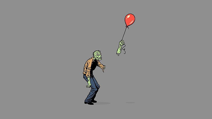 zombie holding balloon digital illustration, simple, humor, zombies