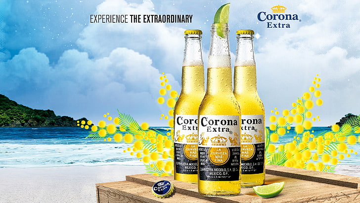 three Corona Extra bottles, beer, beach, container, food and drink, HD wallpaper