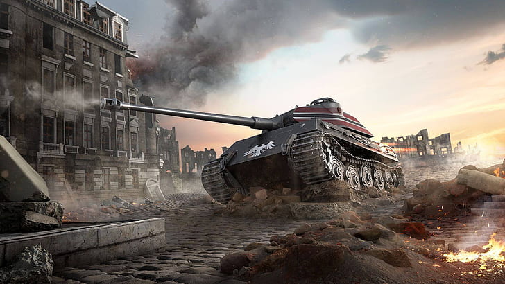 The city, Tiger, Smoke, Germany, Fire, Ruins, Tank, WoT, World of Tanks HD wallpaper