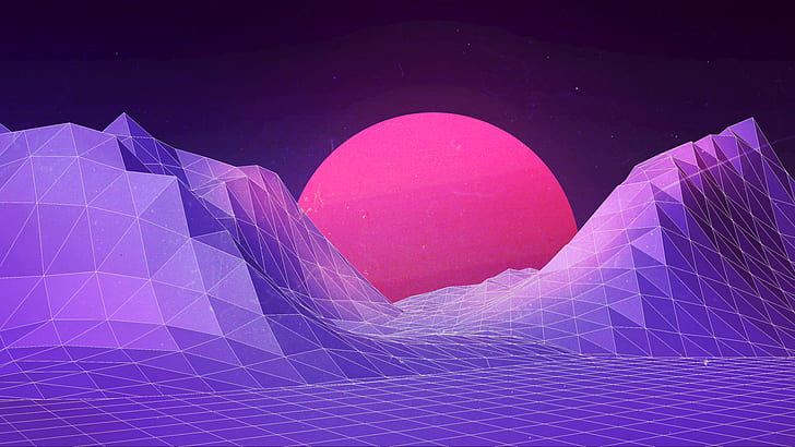1980s, purple, techno, digital art, landscape, low poly, HD wallpaper