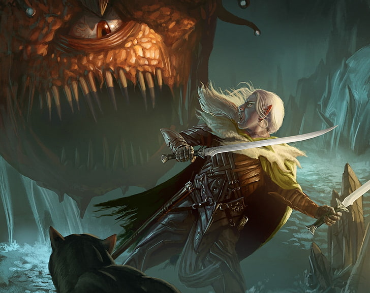 Guenhwyvar Forgotten Realms illustration, elf, monster, battle, HD wallpaper