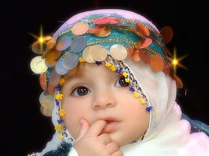 Arabic Baby, baby's blue and pink hijab scarf, cute, child, childhood, HD wallpaper