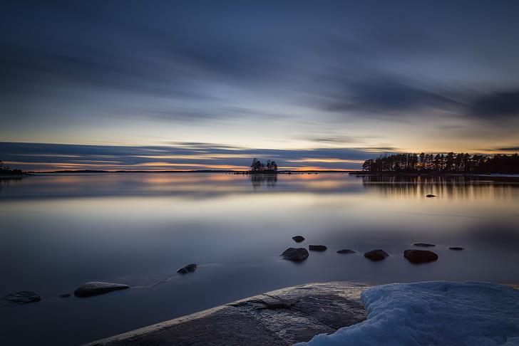 calm body of water during sunset, Serene, kotka, finland, night, HD wallpaper