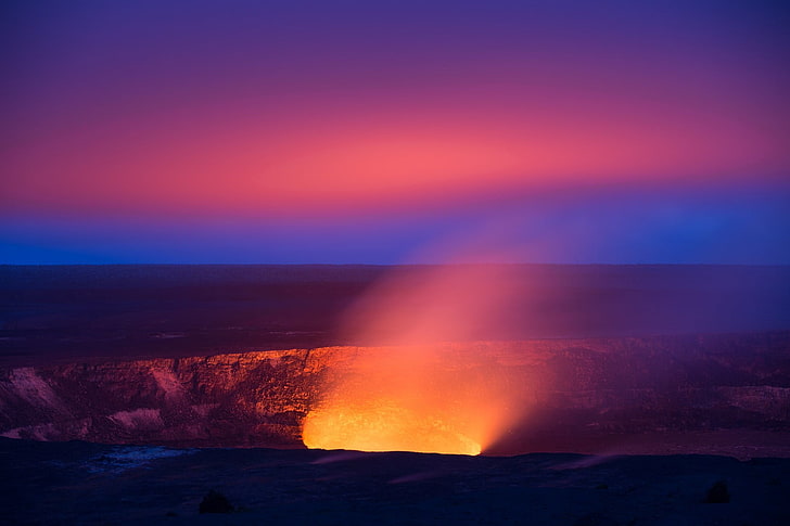 landscape, lava, burning, lights, shadow, rocks, horizon, sky, HD wallpaper