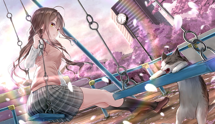 HD wallpaper: anime girl, funny cat, swing, cherry blossom, brown hair,  school uniform | Wallpaper Flare