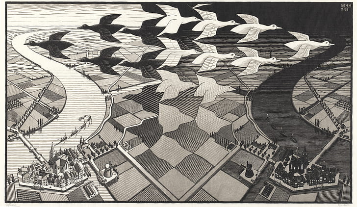 artwork, optical illusion, M. C. Escher, drawing, monochrome