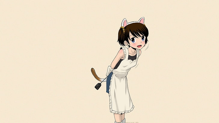 female anime with apron and kitty alice band wallpaper,  TAMACHI Yuki