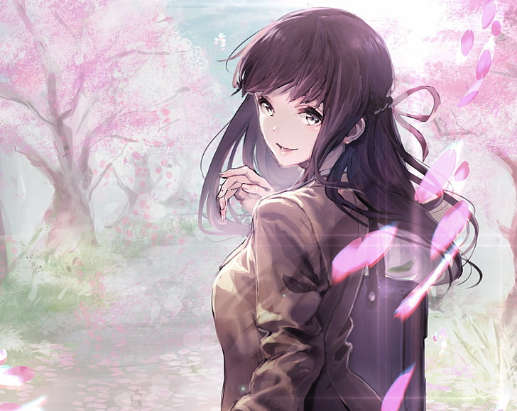 HD wallpaper: Anime, Original, Braid, Brown Hair, Cherry Blossom, Grey ...