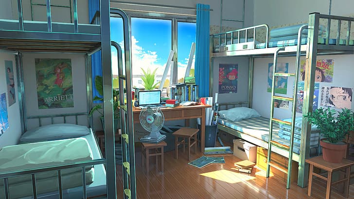行之LV, digital art, room, bunk bed, window, Background Art, HD wallpaper