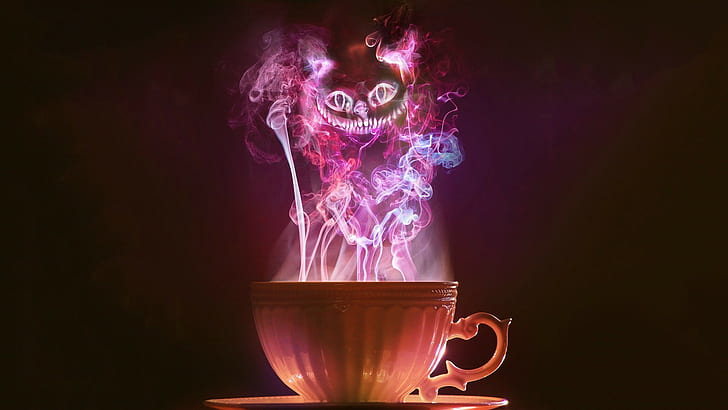 Alice in Wonderland, Cheshire Cat, cup, smoke, fantasy art