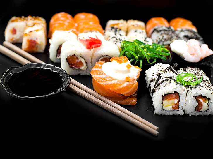 sushi food, rolls, seafood, Japanese cuisine, chopsticks, japanese Culture, HD wallpaper