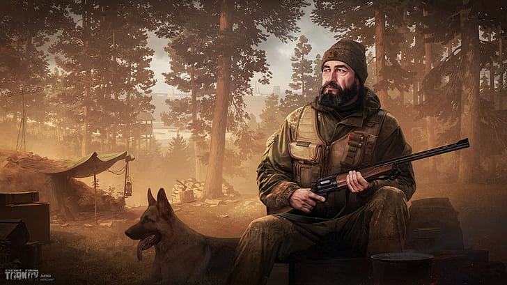 Dog, Forest, The gun, Art, Hunter, Huntsman, Escape from Tarkov, HD wallpaper