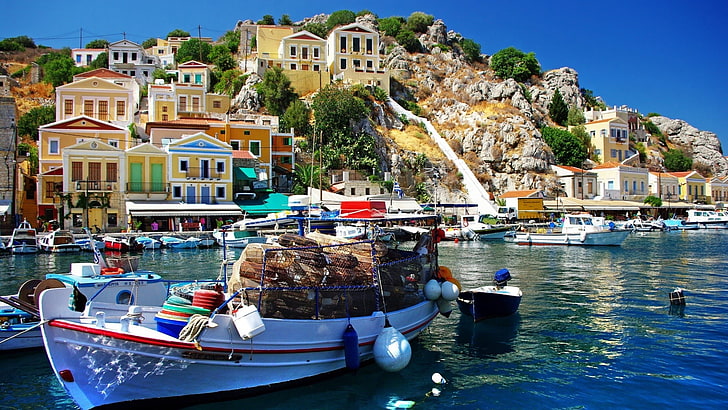port, europe, greece, symi island, simi, city, watercraft, leisure, HD wallpaper