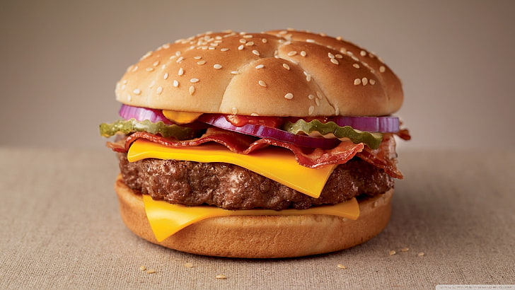 cheeseburger dish, burgers, food, fast food, bacon, sandwich, HD wallpaper