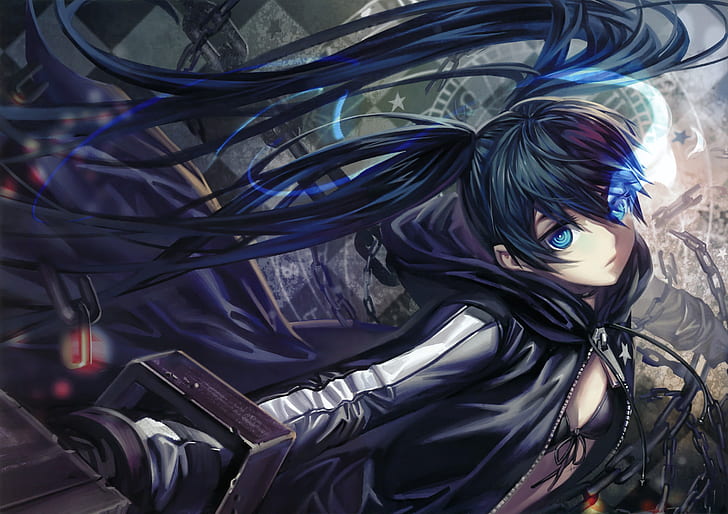 black rock shooter blue eyes long hair weapons cannons twintails capes chains coat anime girls glowi People Long hair HD Art