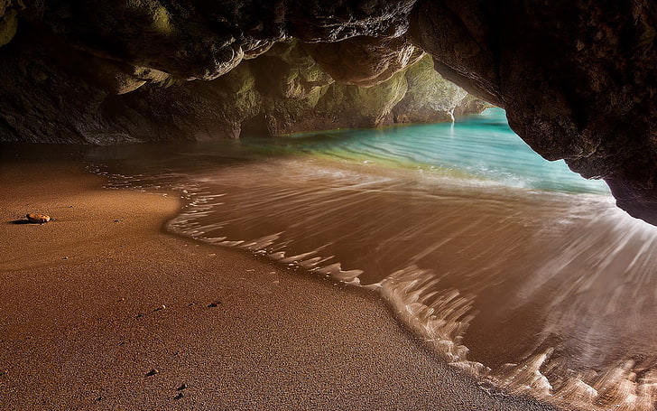 body of water, nature, landscape, cave, beach, sea, sand, rock, HD wallpaper