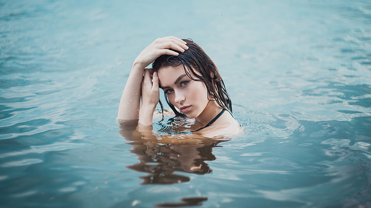 women's black top, face, portrait, wet hair, water, water drops