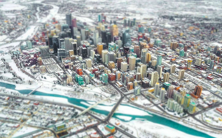 high-rise building, city, cityscape, snow, winter, river, tilt shift