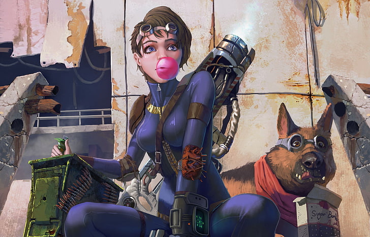 girl, weapons, dog, art, cartridges, postapokalipsis, fallout 4, HD wallpaper