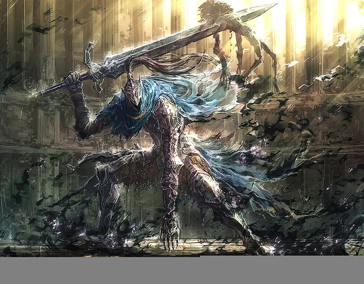 monster holding sword digital wallpaper, game, art, armor, dark souls