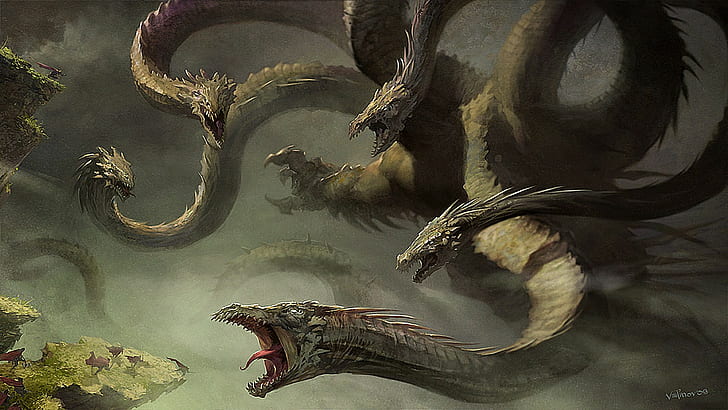 Hydra illustration, fantasy art, creature, animal themes, reptile