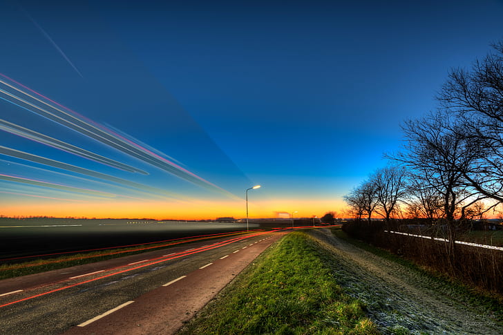 time lapse photo of road near bare trees during nighttime, Speed of Light, HD wallpaper