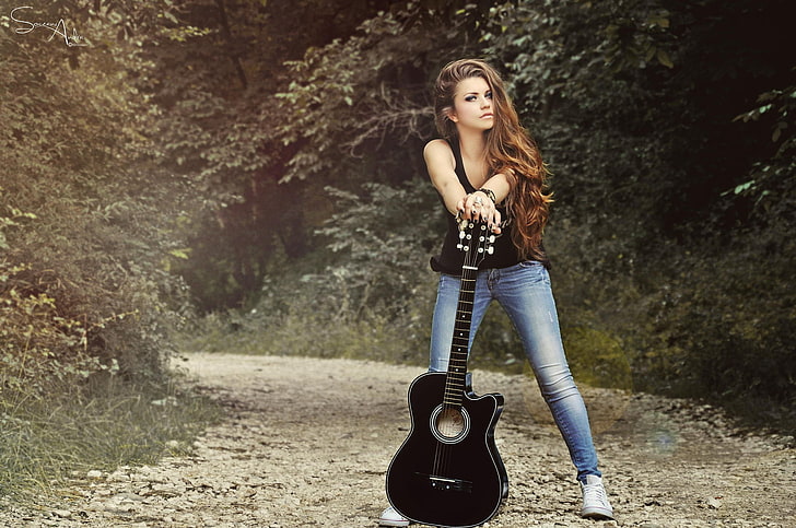 woman holding black acoustic guitar, women, model, brunette, women outdoors