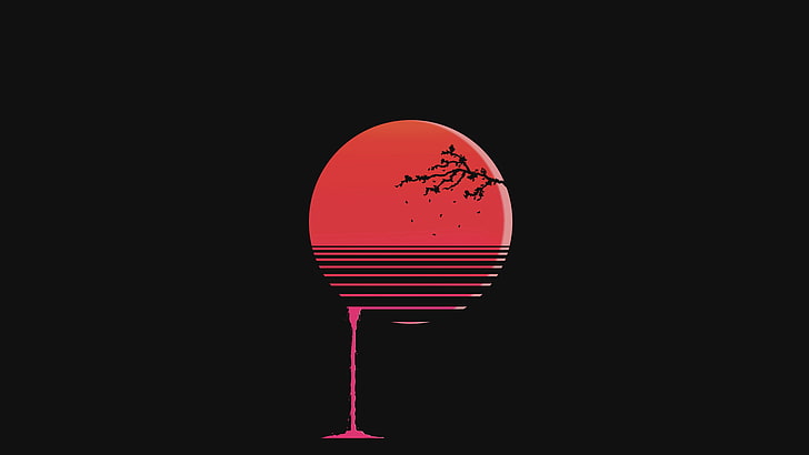 minimalism, cherry blossom, red, Sun, blood, Photoshop, sunset, HD wallpaper