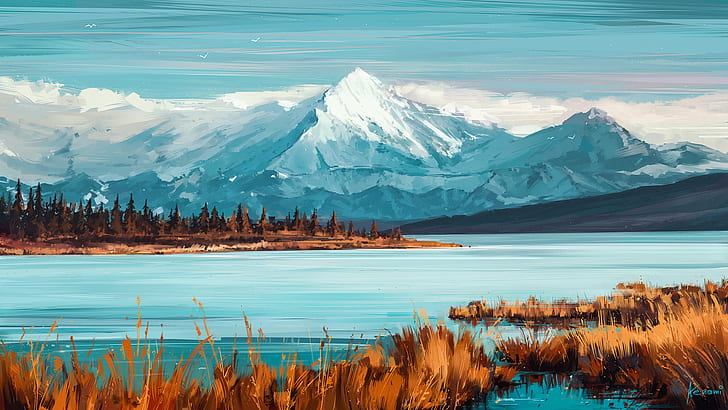 mountains, lake, digital art, Aenami, river, landscape, HD wallpaper