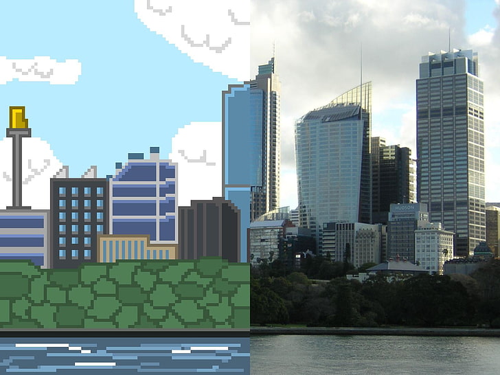 high-rise buildings collage, pixels, pixel art, cityscape, skyscraper