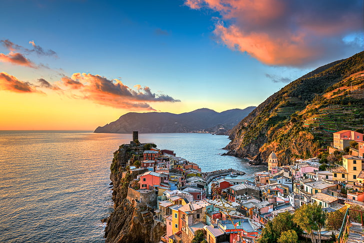 Santorini, Greece, sea, sunset, mountains, coast, building, Italy