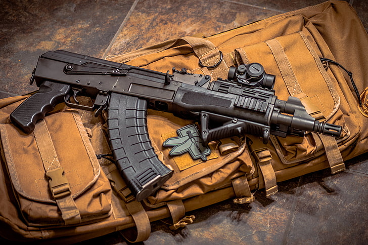 black assault rifle and brown backpack, weapons, machine, Kalashnikov