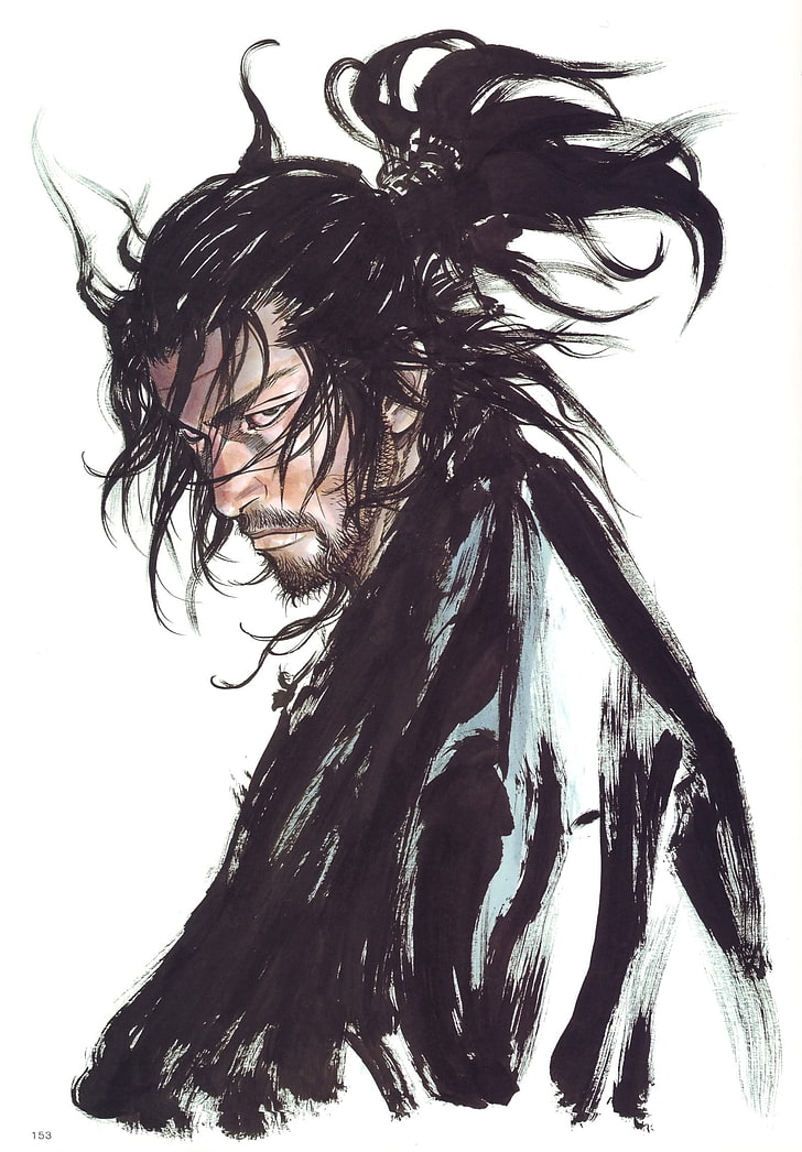 women's black hair wig,  Miyamoto Musashi, samurai, white background