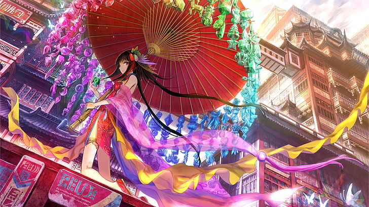 anime, Chinese dress, umbrella, rainbows, Fuji Choko, original characters, HD wallpaper