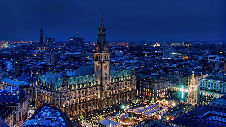 town square  Germany  church  markets  rooftops  aerial view  winter  lights  Christmas Tree  architecture  Hamburg  tower  birds eye view  evening  old building  cityscape  street