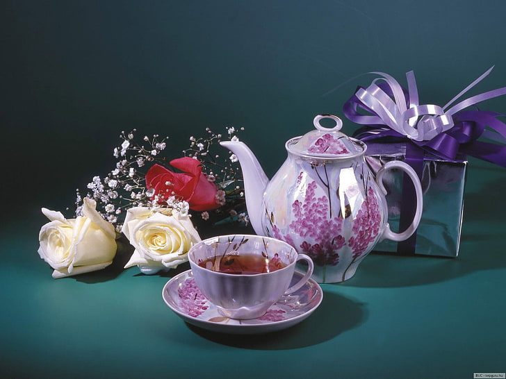 purple ceramic teapot, roses, gift, cup, tea - Hot Drink, flower, HD wallpaper