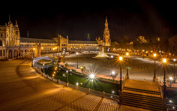 Seville, Spain, Plaza de España, lights, night, HD wallpaper