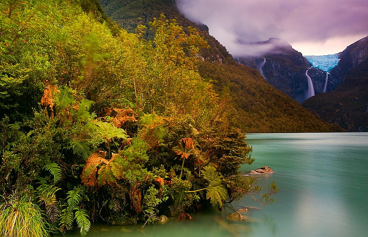 mountains, Chile, lake, forest, ferns, shrubs, waterfall, glaciers