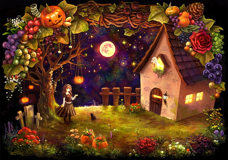 girl standing under brown tree in front of house animated wallpaper