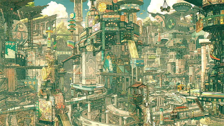 multicolored village canvas painting, drawing, city, futuristic, HD wallpaper