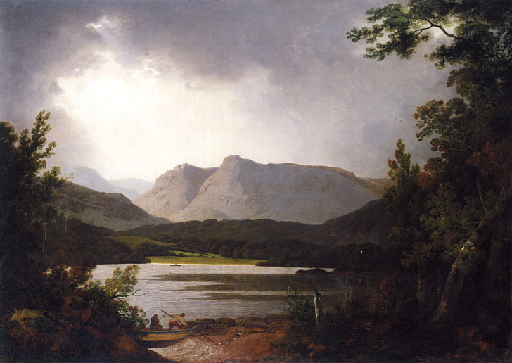 Joseph Wright, classic art, mountain, water, tree, sky, beauty in nature