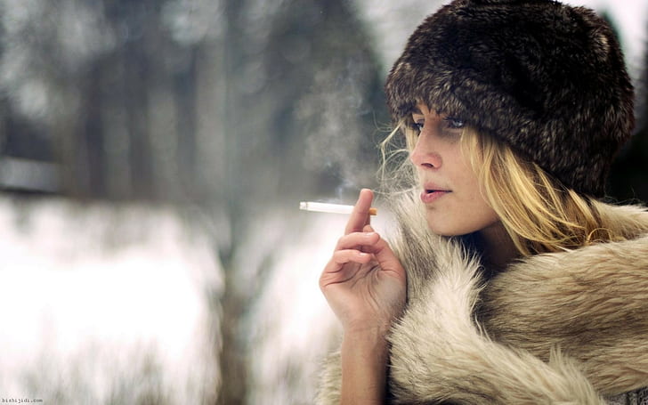 women, fur coats, smoking, fluffy hat, women outdoors, model