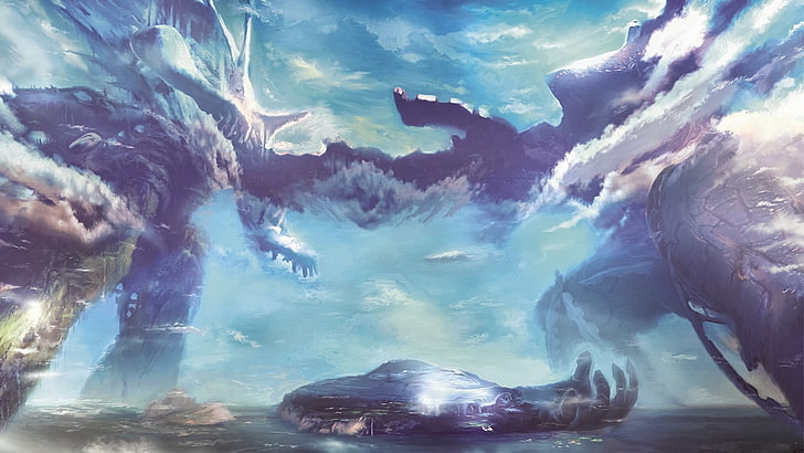 painting of spaceship, Xenoblade Chronicles, clouds, landscape