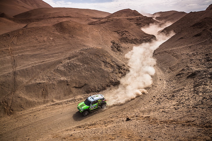 Auto, Dust, Sport, Desert, Green, Machine, Race, Hills, Mini Cooper