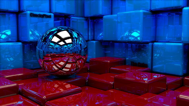 gray ball, cubes, metal, blue, red, reflection, technology, abstract