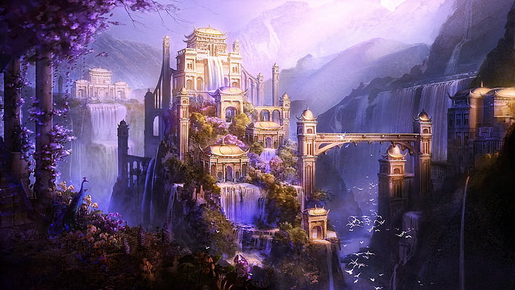 game wallpaper, Shangri-La, fantasy art, castle, city, mountains, HD wallpaper