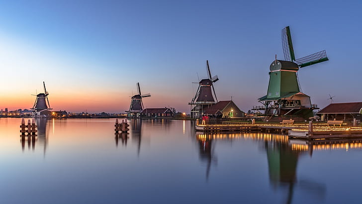 windmills, reflection, zaanse schans, tourist attraction, canal, HD wallpaper
