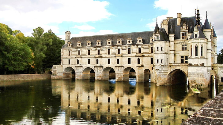 landscape, bridge, France, Château de Chenonceau, reflection, HD wallpaper