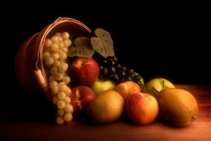 basket of fruits painting, apples, grapes, still life, peaches, HD wallpaper